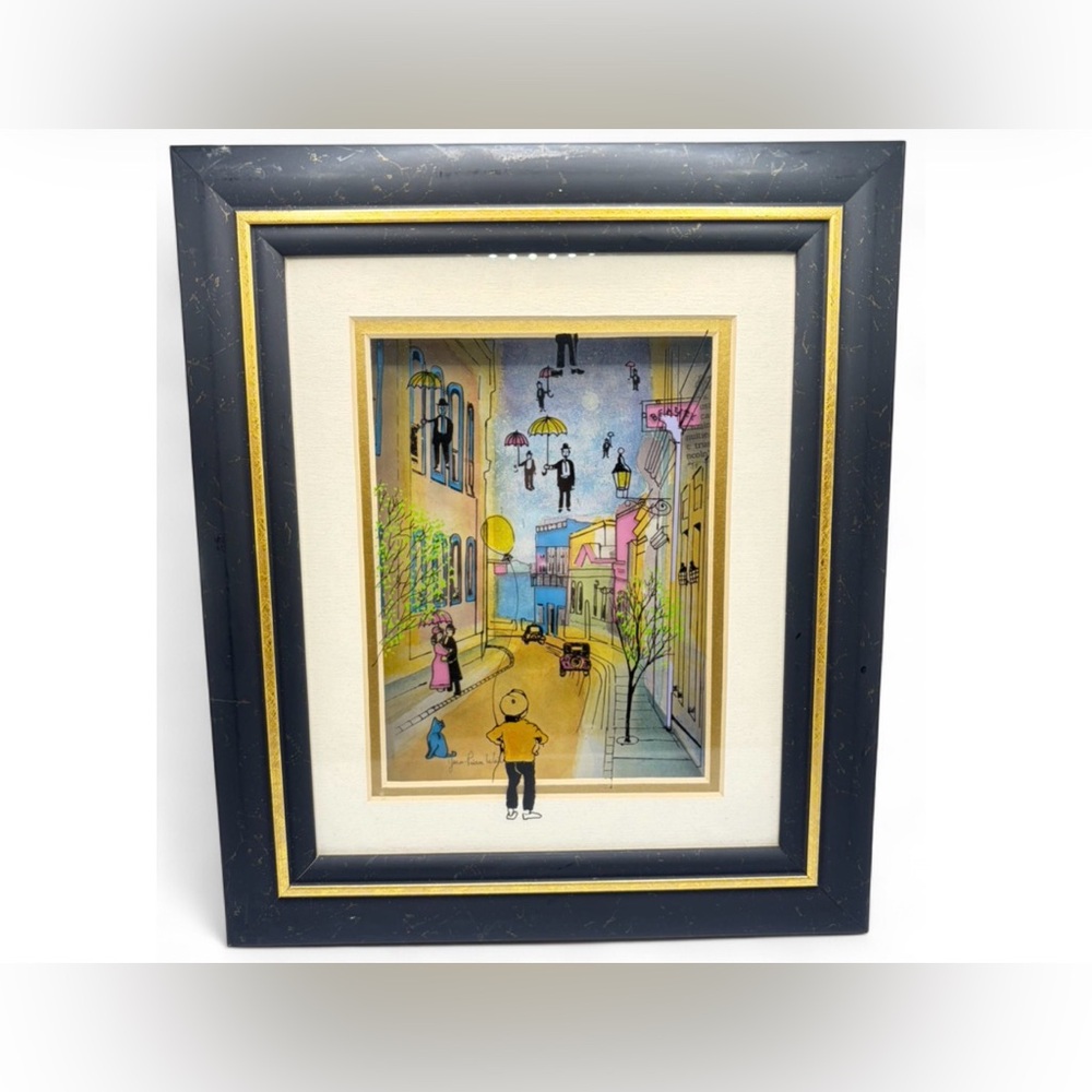 Jean-Pierre Weill Vitreograph - Men Raining Artwork Art, Black & Gold Tone Frame